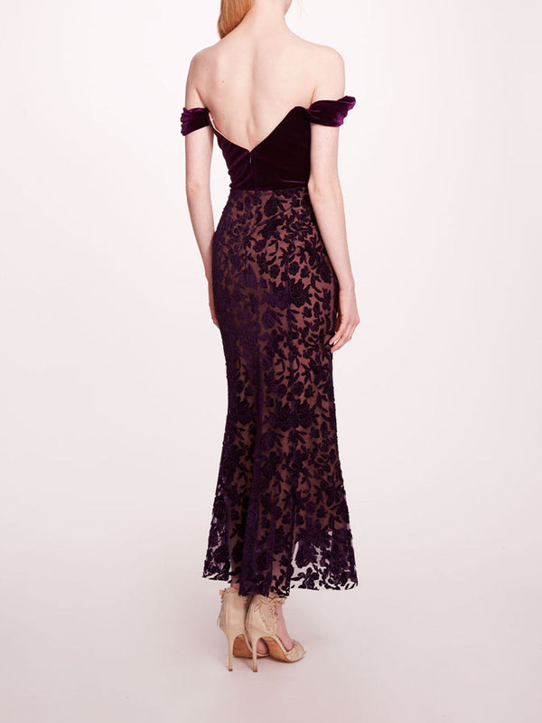 Marchesa Notte Velvet Cutwork Midi Dress Dark Purple