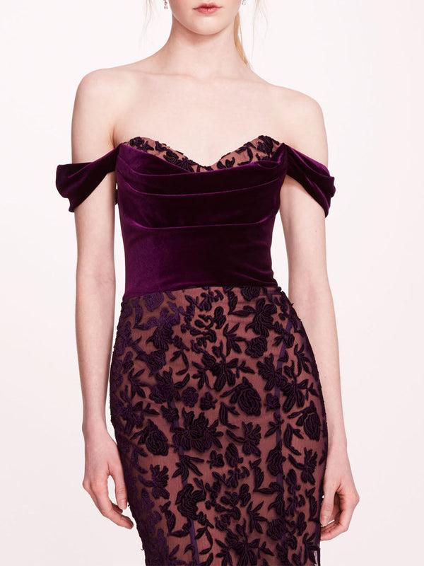 Marchesa Notte Velvet Cutwork Midi Dress Dark Purple