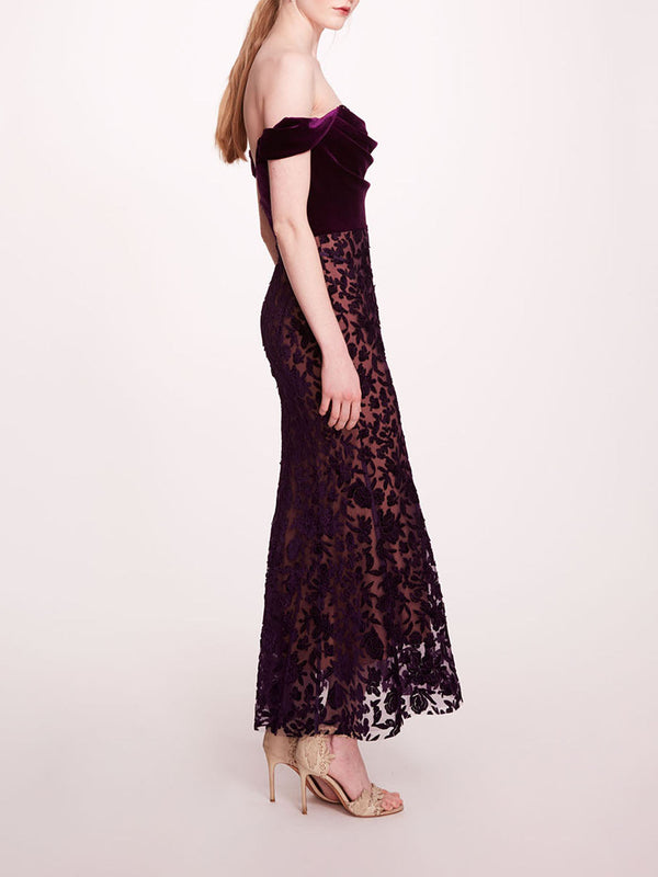 Marchesa Notte Velvet Cutwork Midi Dress Dark Purple