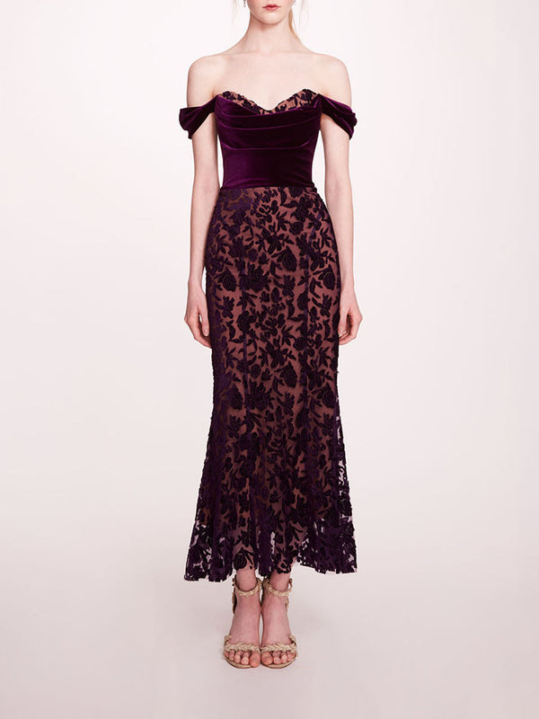 marchesa notte Velvet Cutwork Midi Dress Dark Purple