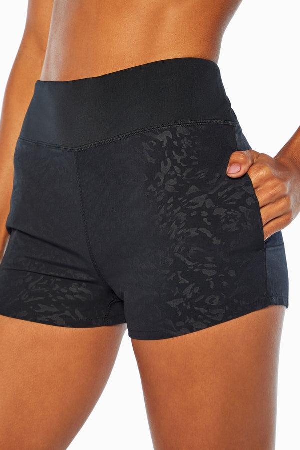 Marika All Trek Side Pocket Shorts – BLACK OFFSET CHEETAH EMBOSSED