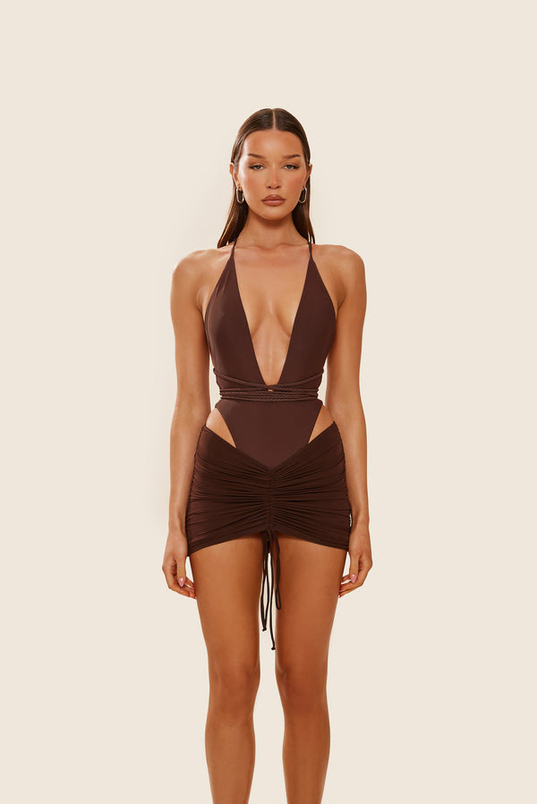 Mars The Label Mesh Ruched Coverup Skirt In Brown
