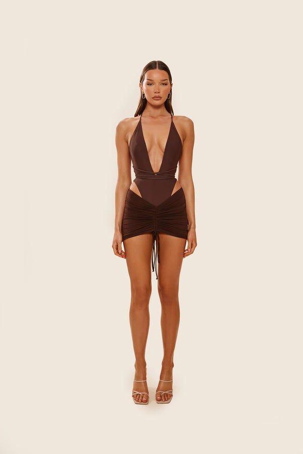 mars the label Mesh Ruched Coverup Skirt in Brown