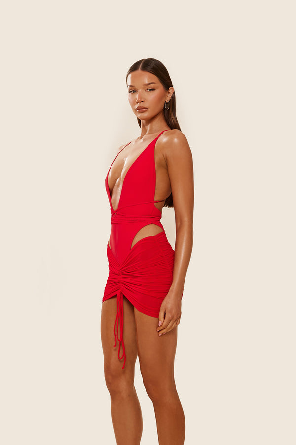 Mars The Label Mesh Ruched Coverup Skirt In Red