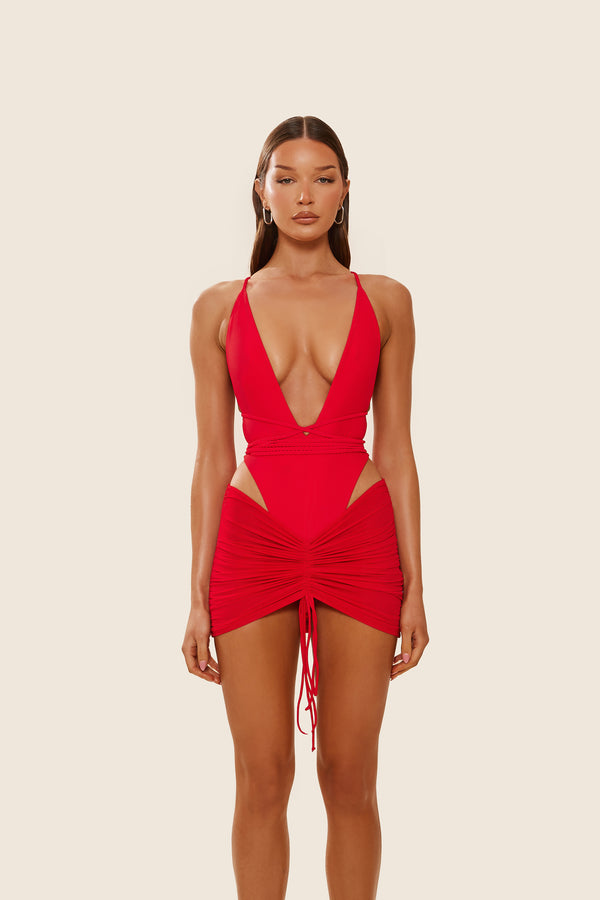 Mars The Label Mesh Ruched Coverup Skirt In Red