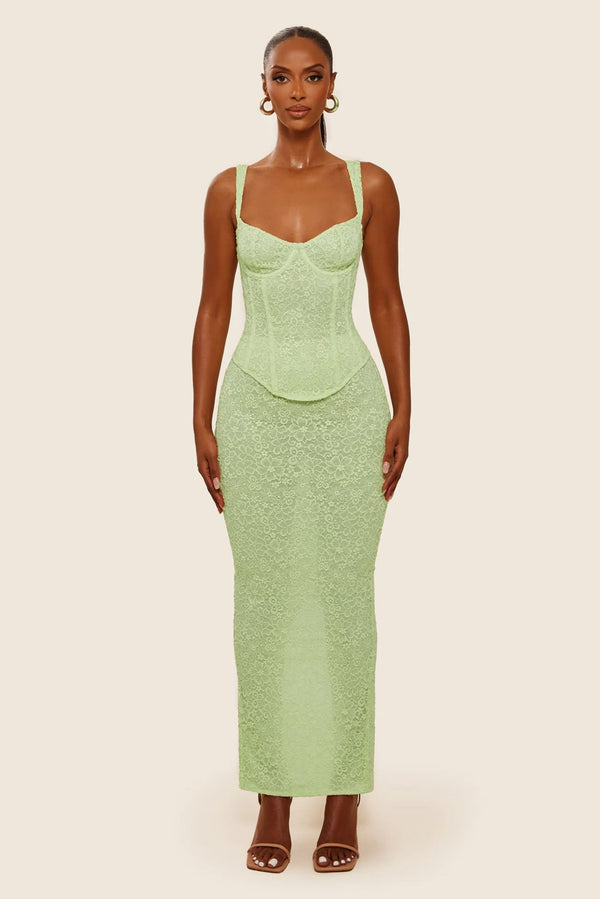 mars the label The Cinched Lace Maxi Set in Lime