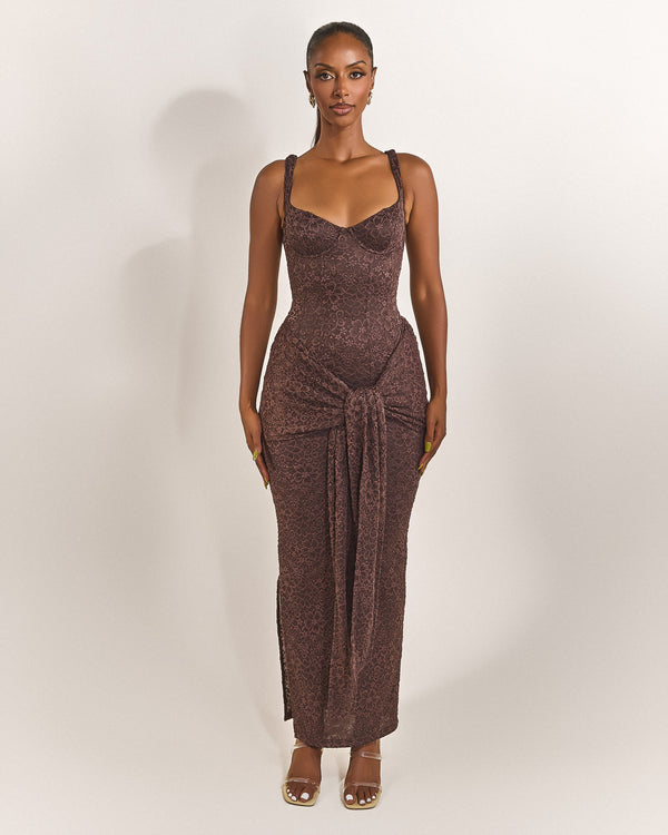 mars the label The Tie Front Maxi Dress in Brown