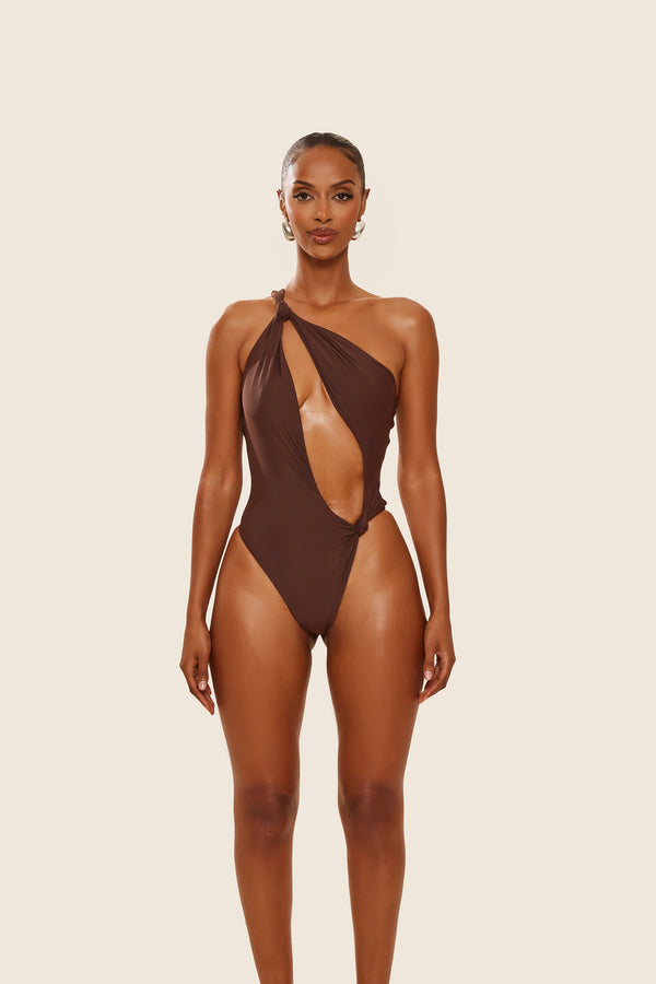 Mars The Label The Asymmetric Knot Detail Swimsuit In Brown