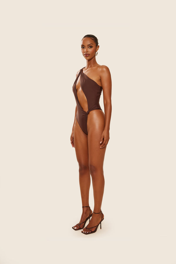 Mars The Label The Asymmetric Knot Detail Swimsuit In Brown