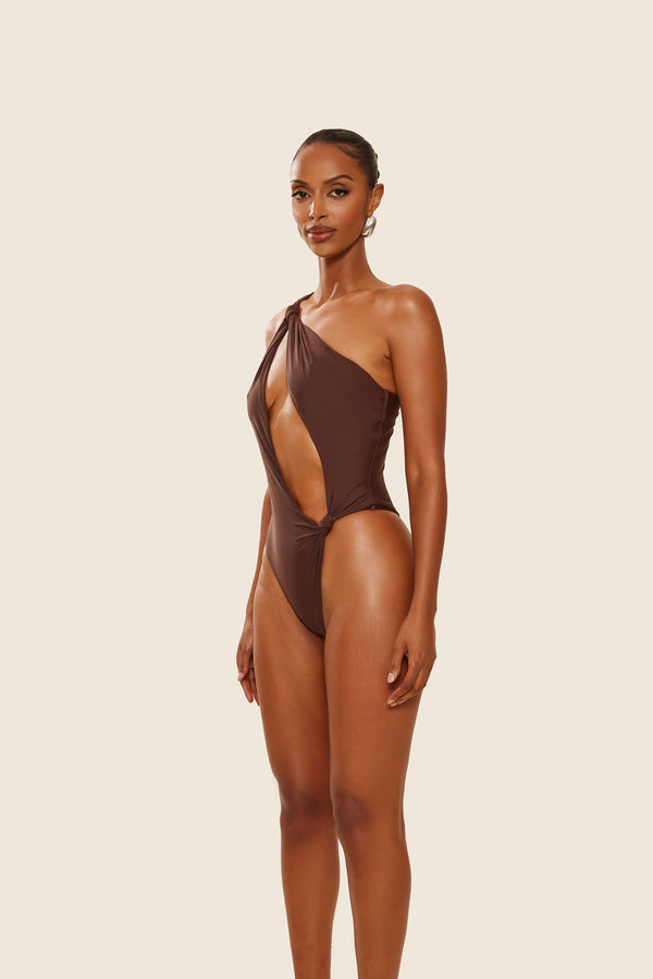 Mars The Label The Asymmetric Knot Detail Swimsuit In Brown