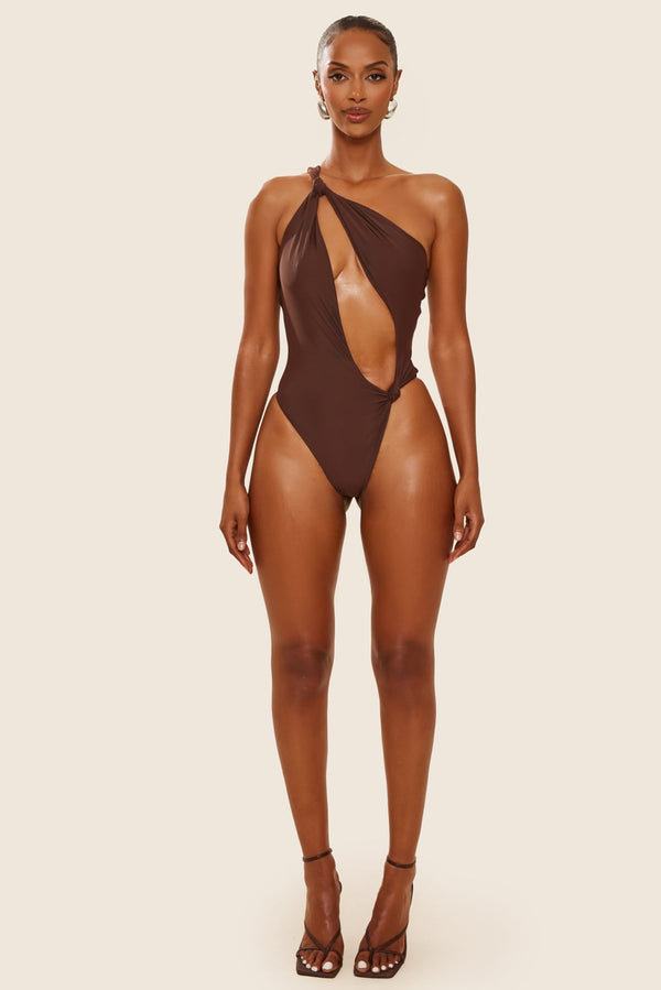 mars the label The Asymmetric Knot Detail Swimsuit in Brown