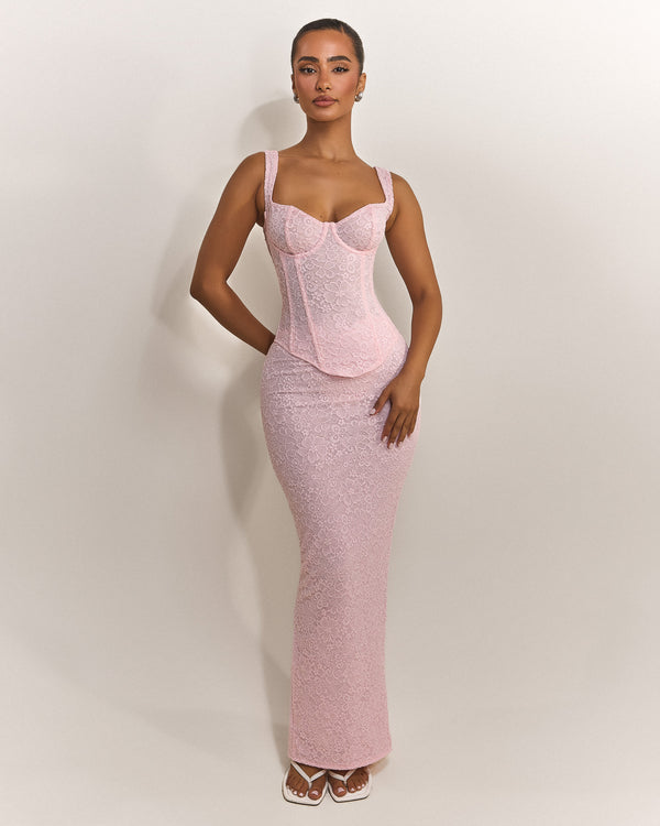 Mars The Label The Cinched Lace Corset Maxi Set In Baby Pink