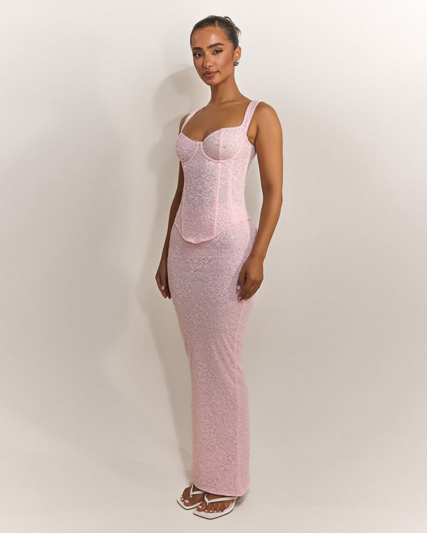 Mars The Label The Cinched Lace Corset Maxi Set In Baby Pink