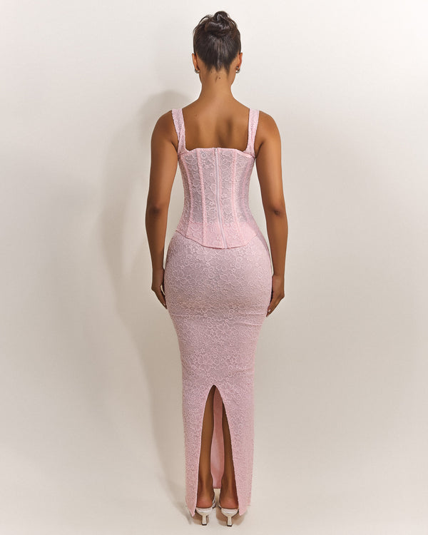 Mars The Label The Cinched Lace Corset Maxi Set In Baby Pink