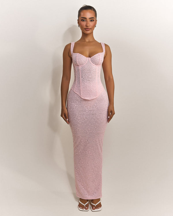 mars the label The Cinched Lace Corset Maxi Set in Baby Pink