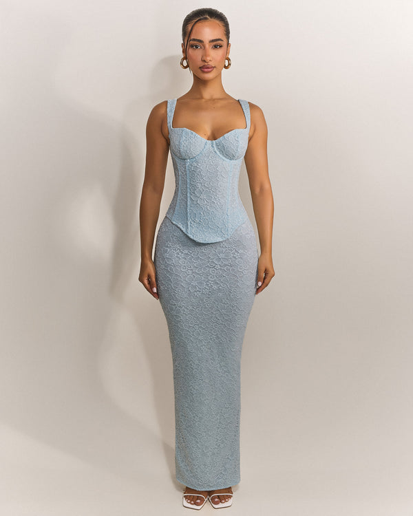 Mars The Label The Cinched Lace Corset Maxi Set In Blue