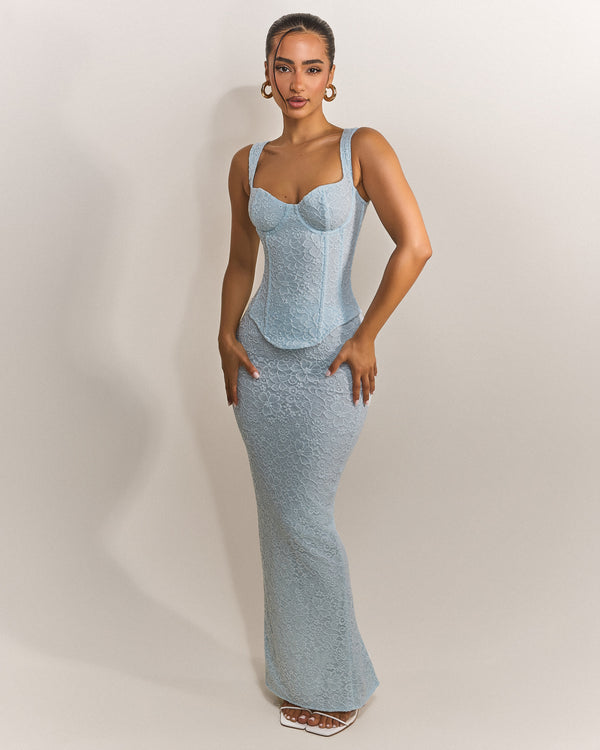 Mars The Label The Cinched Lace Corset Maxi Set In Blue