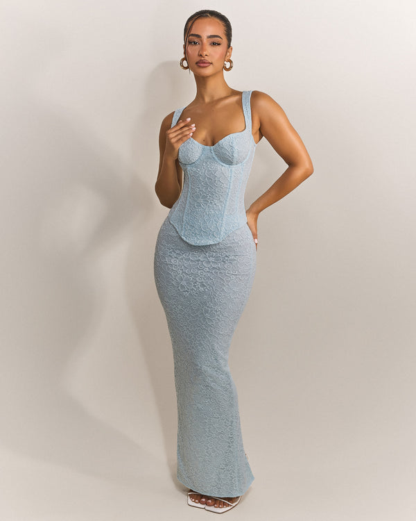 mars the label The Cinched Lace Corset Maxi Set in Blue
