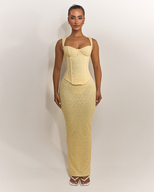 Mars The Label The Cinched Lace Corset Maxi Set In Yellow