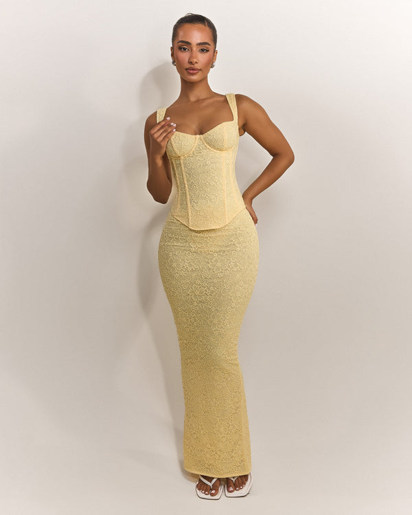 Mars The Label The Cinched Lace Corset Maxi Set In Yellow