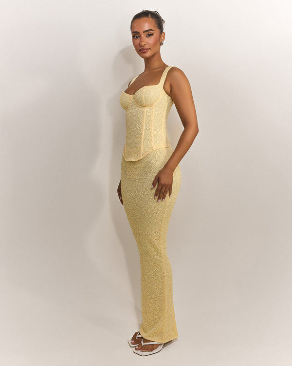 Mars The Label The Cinched Lace Corset Maxi Set In Yellow