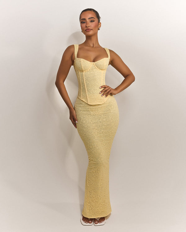 mars the label The Cinched Lace Corset Maxi Set in Yellow