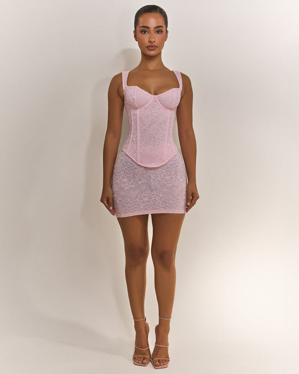 Mars The Label The Cinched Lace Corset Mini Set In Baby Pink