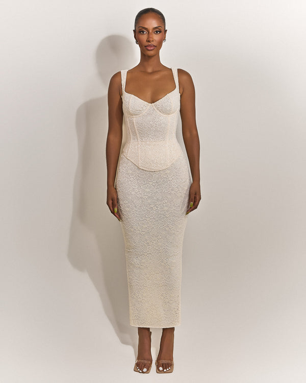Mars The Label The Cinched Lace Maxi Set In Off White