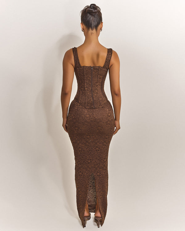 Mars The Label The Cinched Lace Maxi Skirt In Brown