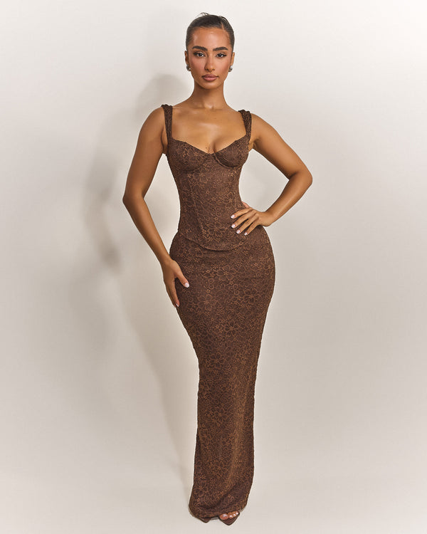 mars the label The Cinched Lace Maxi Skirt in Brown