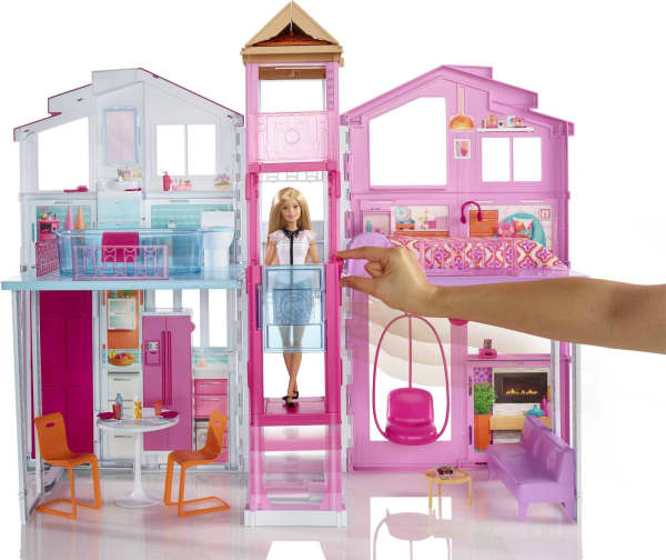 Mattel Barbie 3-Story Townhouse Dollhouse With Elevator Swing Chair Furniture And Accessories