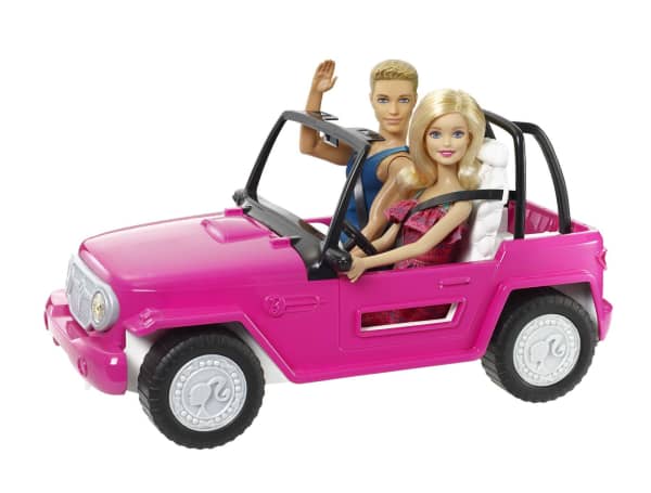 Mattel Barbie Beach Cruiser Set With Barbie And Ken Dolls Pink 2-Seater Toy Car