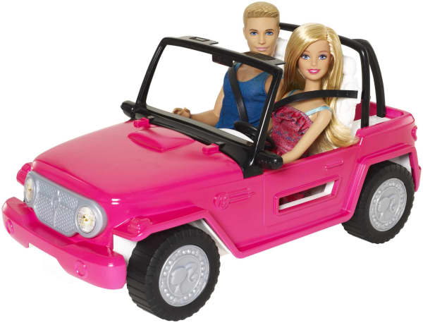 Mattel Barbie Beach Cruiser Set With Barbie And Ken Dolls Pink 2-Seater Toy Car