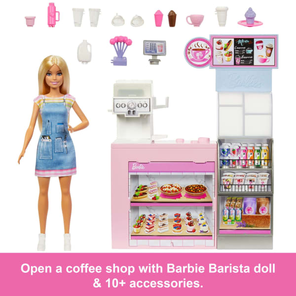 Mattel Barbie Coffee Shop Playset With Blonde Barista Doll Working Coffee Maker & 10+ Accessories