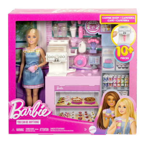 Mattel Barbie Coffee Shop Playset With Blonde Barista Doll Working Coffee Maker & 10+ Accessories