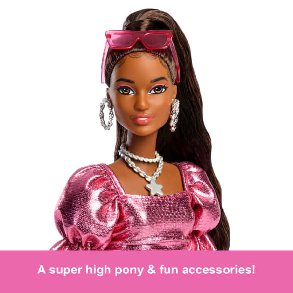 Mattel Barbie Deluxe Style Fashion Doll #6 In Metallic Coral Dress With Bubble Hem And Silvery Accessories