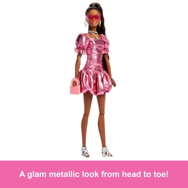 Mattel Barbie Deluxe Style Fashion Doll #6 In Metallic Coral Dress With Bubble Hem And Silvery Accessories