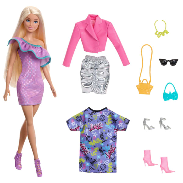 Mattel Barbie Fashion Doll With Clothes And Accessories Including Party Dresses & Purses (3 Outfits)