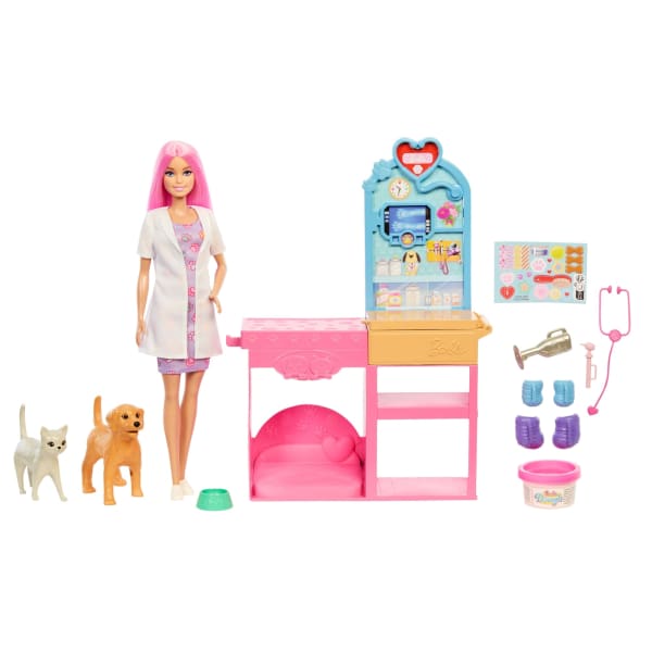 Mattel Barbie Fast Cast Veterinarian Clinic Playset With Pink Colored Hair Fashion Doll Vet Furniture & 10+ Accessories