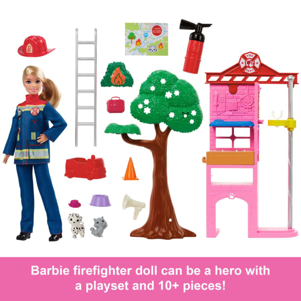 mattel Barbie Firefighter Playset With Blonde Fashion Doll Fire Station 2 Pets & 10+ Accessories