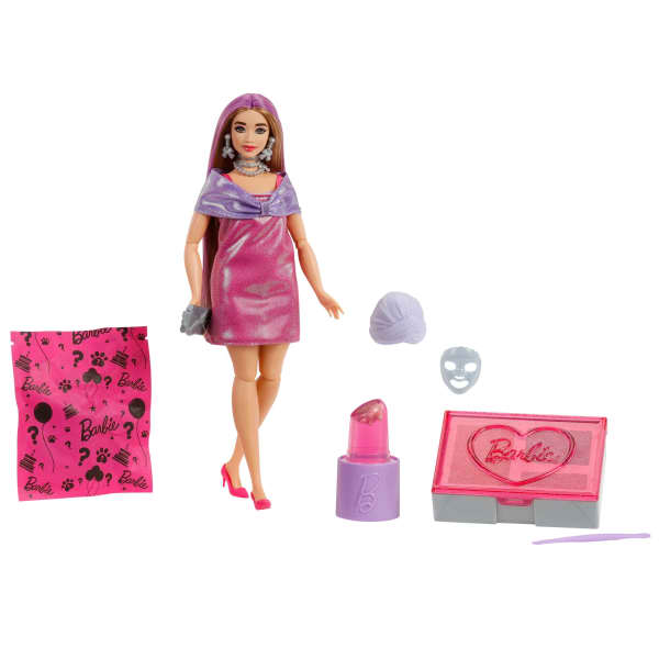 mattel Barbie Party Unboxed Glam Party Series Pink Sparkle Doll & Accessories With 10 Surprises