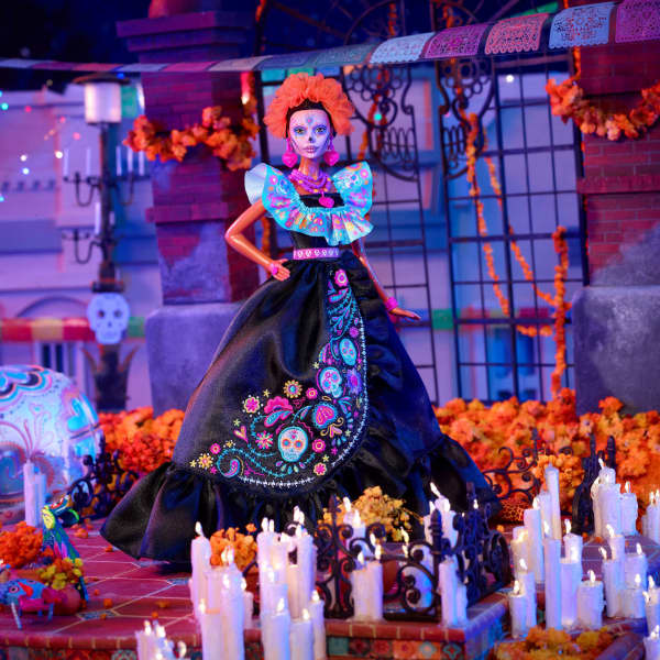 mattel Barbie Signature Día De Muertos 2024 Collectible Doll in Ruffled Black Gown