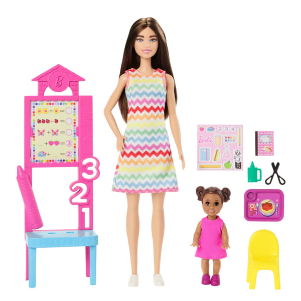 Mattel Barbie Teacher Doll With Brunette Fashion Doll 1 Toddler Doll & Teaching Accessories