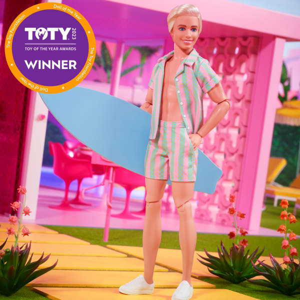 mattel Barbie The Movie Ken Doll Wearing Pastel Striped Beach Matching Set