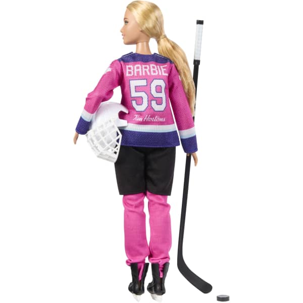 Mattel Barbie Tim Hortons PWHL Fashion Doll In Pink Purple & Teal Hockey Jersey Includes Hockey Accessories