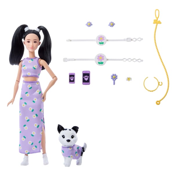 Mattel Barbie Twinning Looks Fashion Doll With Pet Dog Matching Purple Clothes & Accessories Black Hair