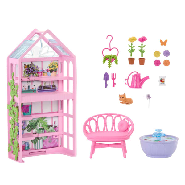 Mattel Barbie World Backyard Garden Toy Playset & 17 Accessories Includes Shelf Fountain Flowers & More