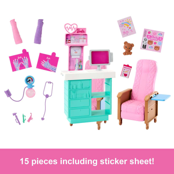 Mattel Barbie World Day At The Doctor Toy Playset With Medical Station Chair & 12 Accessories