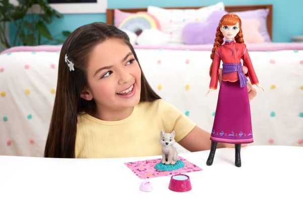 mattel Disney Frozen Anna Fashion Doll & Wolf Cub Figure With 4 Nurturing Accessories inspired By Movie