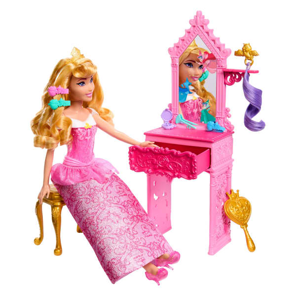 Mattel Disney Princess Aurora Start The Story Doll Accessory Set With Vanity & 9 Styling Accessories